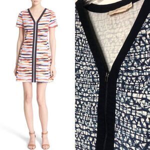 Tory Burch Ponte Knit Blue Zipper Front Mini Raw Edges Dress MSRP $295 Medium